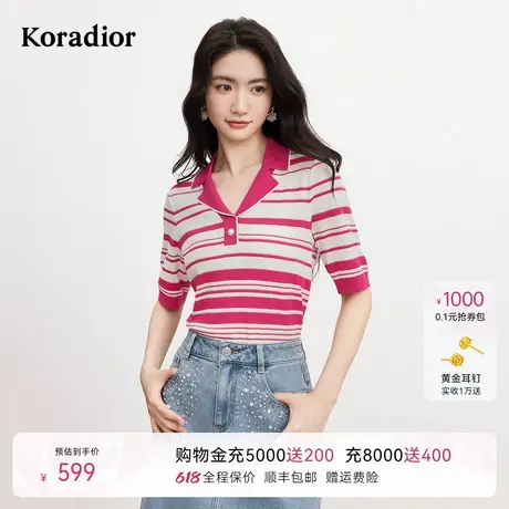 珂莱蒂尔2025年夏季新款经典通勤休闲百搭翻领针织衫女条纹上衣图片