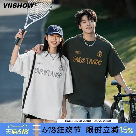 VIISHOW欧美复古潮流纯棉短袖T恤男夏季新品学生宽松字母百搭上衣商品大图