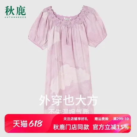 秋鹿【线下商场同款】梭织纯棉睡裙女夏简约短袖连衣裙中长款女裙商品大图