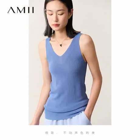Amii2025夏新款极简优雅纯色修身双曲纱冰麻纱冰丝吊带V领背心女商品大图