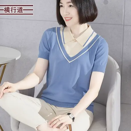 女装2023新款上衣夏季妈妈款翻领假两件宽松大码拼色针织短袖女夏商品大图