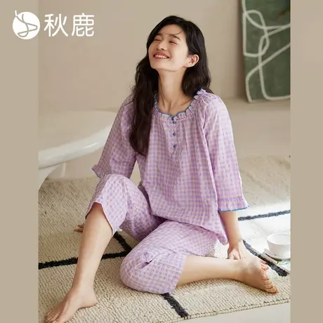 秋鹿女士夏季睡衣新中式国风梭织棉格子七分袖长裤薄款家居服套装商品大图