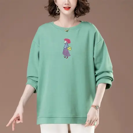 春秋季薄款卫衣女宽松加肥加大码女装刺绣减龄休闲遮肚子圆领上衣商品大图
