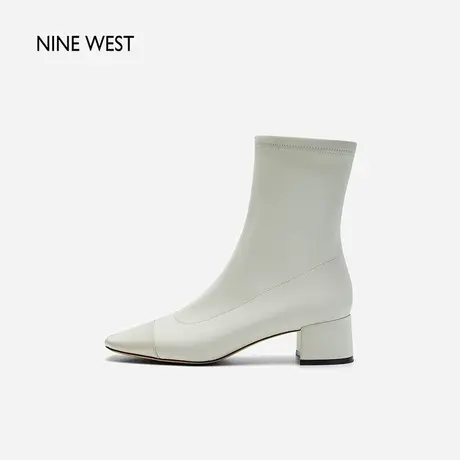 Nine West/玖熙小香风拼色弹力瘦瘦靴2023冬新款粗跟方头时装短靴商品大图