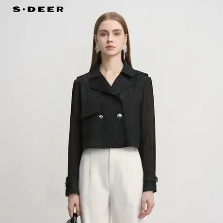 sdeer圣迪奥女装法式OL风翻领格子拼接短款外套S244Z2203图片