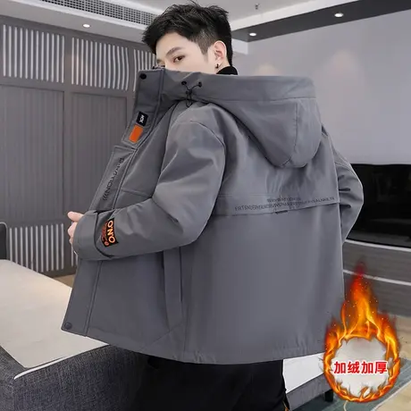 男士外套2023秋冬季新款韩版潮流工装连帽夹克加绒加厚潮牌上衣服商品大图
