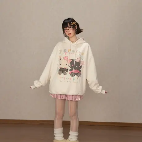 YEP卡通少女心印花连帽卫衣女早秋新款宽松复古外套街头潮牌帽衫图片