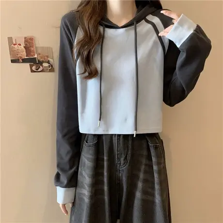 拼接撞色连帽小个子短款卫衣女春秋薄款设计感小众长袖上衣ins潮商品大图
