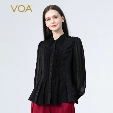VOA真丝提花POLO领黑单排扣撞料拼接褶皱印花直筒长袖桑蚕丝衬衫商品大图