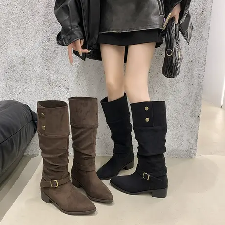 复古尖头粗跟长靴女2025秋季新款不过膝显瘦堆堆靴气质高级感靴子商品大图