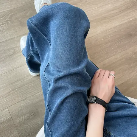 天丝阔腿牛仔裤女2023年夏季薄款高腰垂感窄版直筒显瘦蓝色拖地裤图片