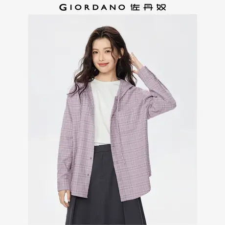 佐丹奴法兰绒衬衫女新款纯棉美式学院风宽松连帽格子衬衫13345860商品大图