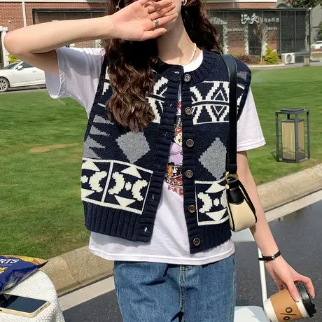 唐狮复古图案圆领开衫马甲春秋冬季红色费尔岛针织衫外套TD图片