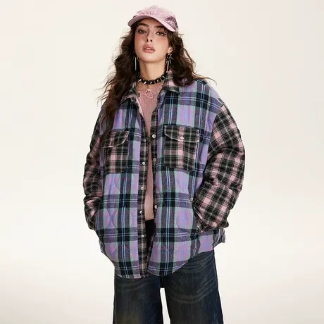 潮牌拼接冬季外套女新款美式复古格子棉服宽松oversize棉衣情侣装图片