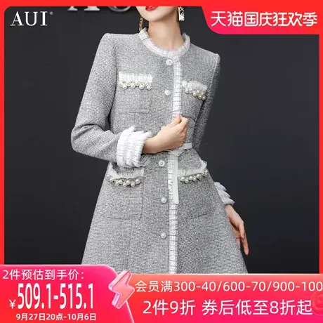 AUI灰色中长款小香风外套女2023冬新款高端名媛修身显瘦大衣加绒图片