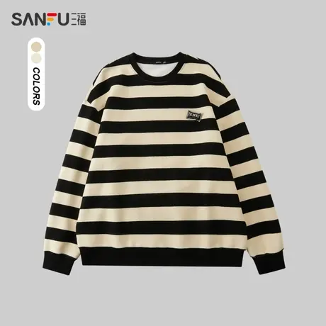 三福2023冬男士肌理条纹重磅卫衣 休闲宽松圆领纯棉上衣477092商品大图