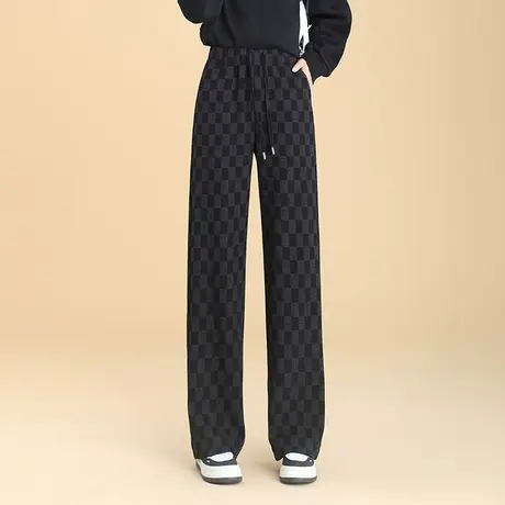 羊毛呢格子长裤阔腿裤女秋冬2023新款高腰垂感洋气显瘦直筒休闲裤商品大图