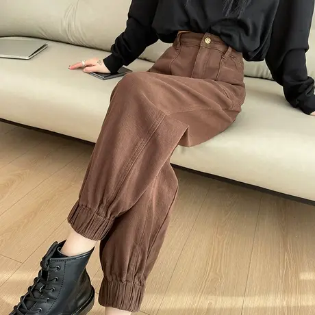 咖色加绒牛仔裤女冬季加绒加厚高腰宽松显瘦直筒束脚老爹哈伦裤子商品大图