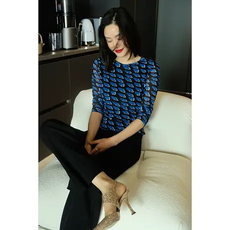 23秋冬春夏新款女装网纱双层百搭微透孔雀蓝羽翼女士打底衫上衣图片