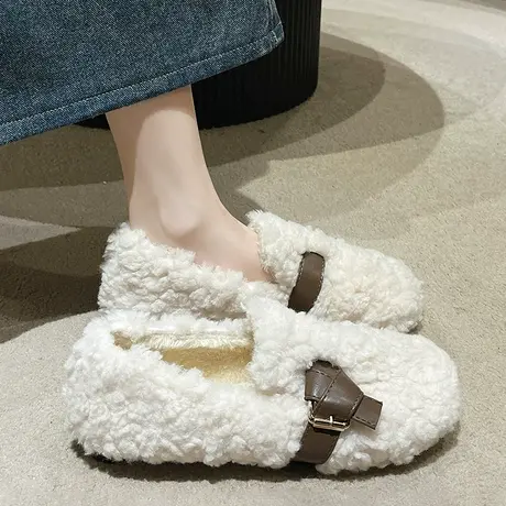 羊羔毛加绒豆豆鞋女2023秋冬新款懒人毛毛鞋一脚蹬网红孕妇棉瓢鞋图片