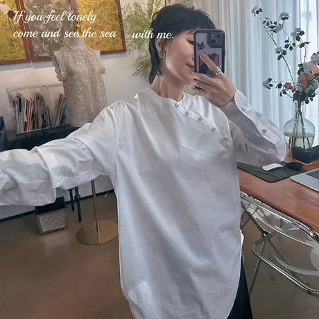 白色衬衫新中式盘扣女秋冬新款设计感小众灯笼袖衬衣高端宽松上衣图片