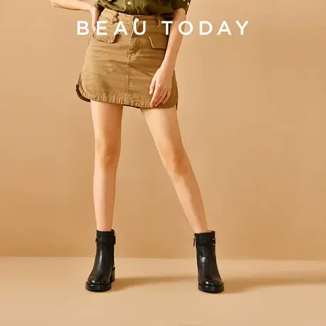 BeauToday女骑士靴2023新款秋冬季厚底中筒BT粗跟真皮圆头时装靴图片