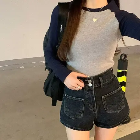 秋冬新款bm拼色修身长袖T恤女纯棉 插肩袖紧身圆领上衣内搭打底衫商品大图