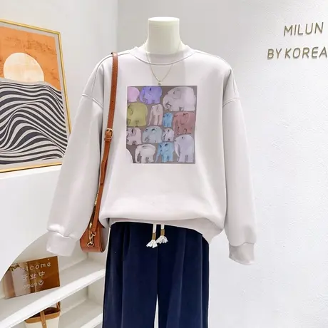 韩国东大门秋冬新款加绒卫衣~微胖遮肉摇粒绒厚上衣印花小象欧货商品大图