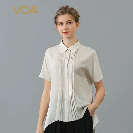 VOA米白色暗纹提花桑蚕丝尖领蝙蝠短袖立体褶裥宽松真丝慵懒衬衫商品大图