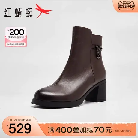 商场专柜同款红蜻蜓粗跟时装靴2023秋冬新款女鞋通勤时尚气质短靴商品大图
