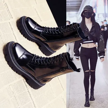 真皮机车马丁靴女英伦风2023新款秋冬季厚底防滑耐磨短靴亮皮靴子商品大图