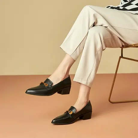 爆款里外全真皮法式复古时尚气质尖头春秋季新款百搭单鞋粗跟皮鞋图片