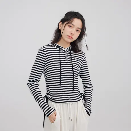 尔给春秋长袖上衣显瘦修身连帽系带黑白条纹t恤女2022年新款商品大图