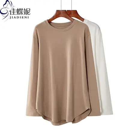 秋冬新款韩版圆领纯棉宽松中长款休闲纯色长袖体恤上衣大码女装商品大图
