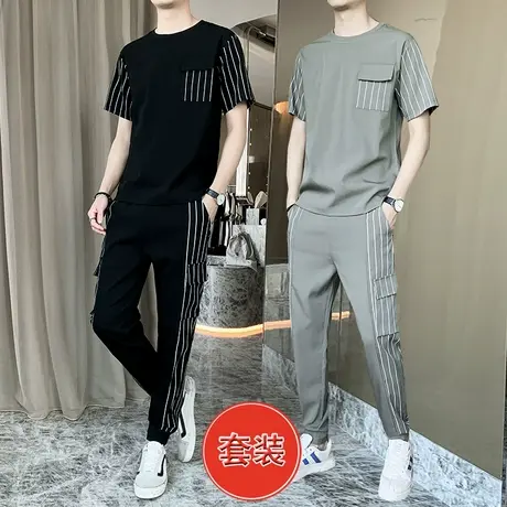 t恤短袖夏季男士一套装潮流韩版冰感衣服帅气搭配工装休闲两件套商品大图