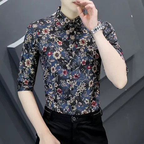 痞帅男款短袖衬衫夏季潮流韩版半袖碎花冰丝衬衣ins复古男装寸衫图片