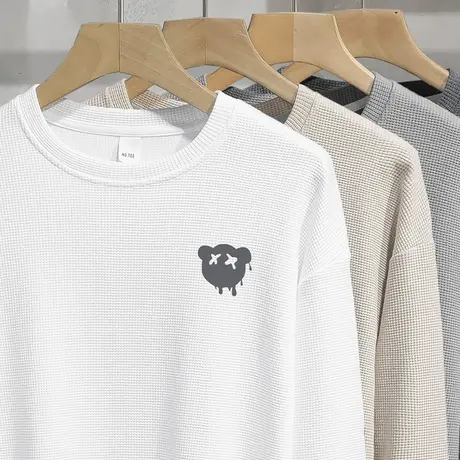 华夫格卫衣男2024新款秋季潮流宽松白色小熊圆领套头无帽长袖t恤商品大图