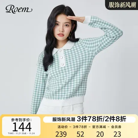 Roem商场同款春秋新品针织套头翻领格纹长袖毛衣针织衫女甜美商品大图