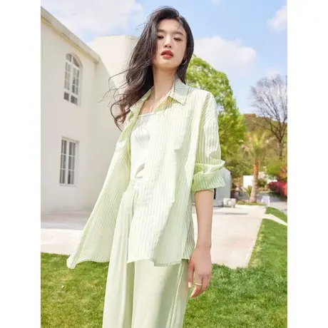 时尚气质条纹衬衫外套2023年夏季新款淑女温柔宽松显瘦中长款上衣商品大图