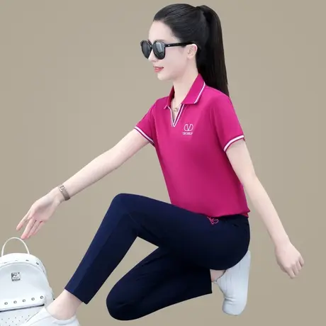 V领休闲运动套装女2023年夏装新款时尚短袖长裤薄款天丝两件套潮商品大图