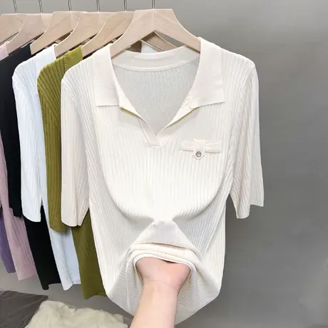 Polo领冰丝针织衫女2023春夏秋新款内搭打底衫外穿薄中袖t恤衫潮商品大图
