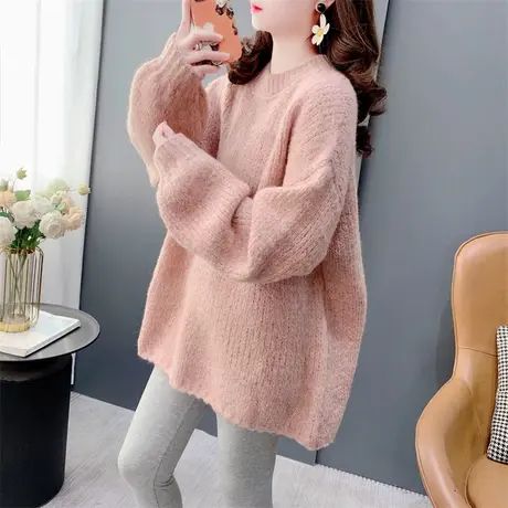 复古软糯圆领毛衣女2023秋冬新款宽松慵懒风加厚oversize打底上衣图片