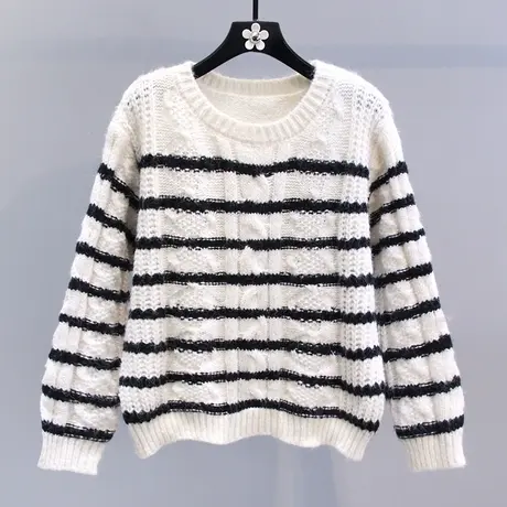 复古麻花条纹毛衣女秋冬2023新款宽松慵懒风圆领长袖打底针织衫商品大图