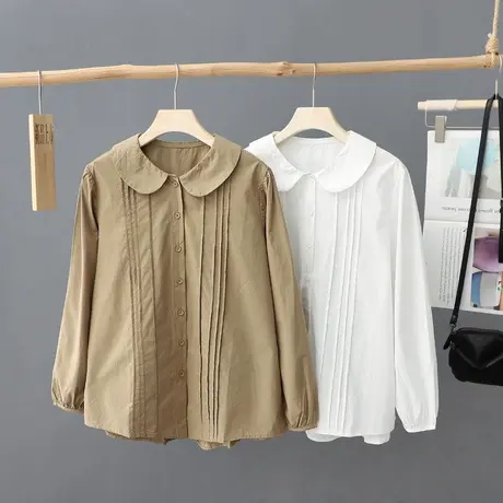 早春新款娃娃领纯色衬衫女宽松休闲百搭纯棉衬衣叠穿打底上衣女装图片