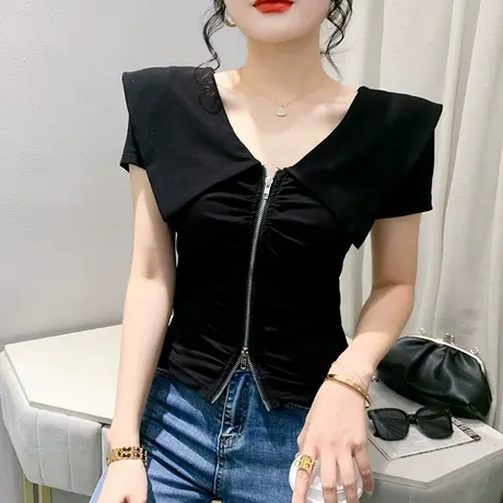 时尚拉链开叉T恤女短袖洋气短款修身小衫夏气质海军领上衣设计感商品大图