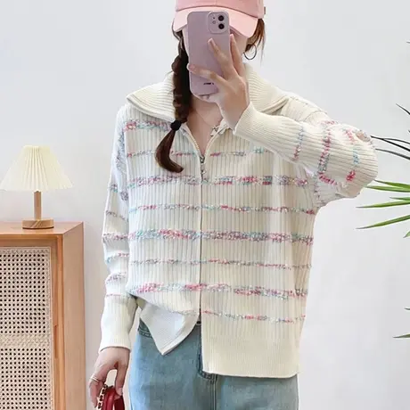 秋冬新款条纹拉链Polo翻领针织开衫外套女上衣宽松慵懒风外搭毛衣商品大图