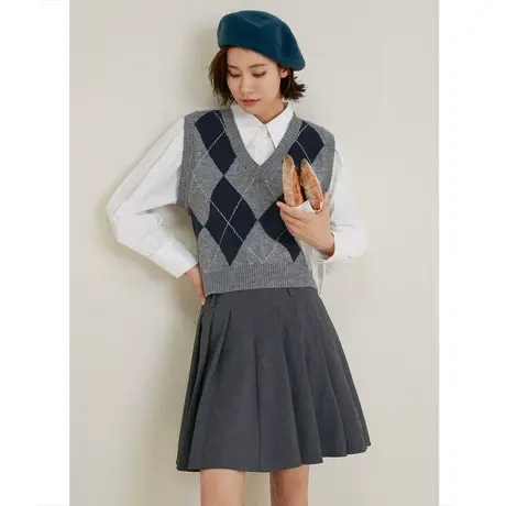 弥古复古菱格毛衣马甲女秋冬内搭2023新款叠穿显瘦v领针织背心商品大图