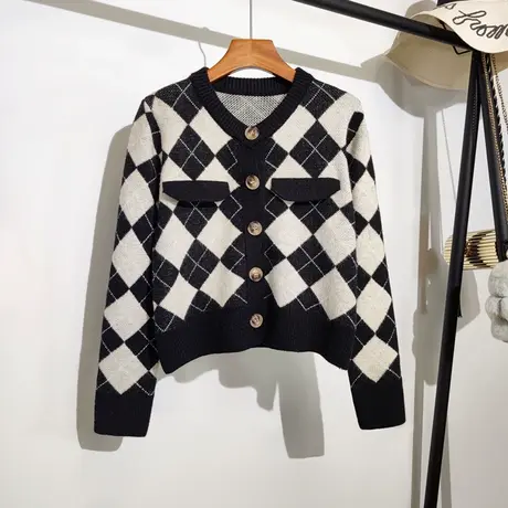 菱形格毛衣开衫女秋冬新款韩版宽松时尚高级感长袖针织衫外套上衣商品大图