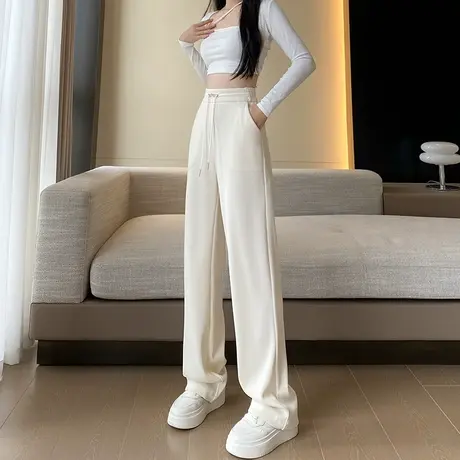 白色窄版阔腿裤女春秋新款高腰显瘦休闲宽松拖地垂感针织直筒裤子商品大图