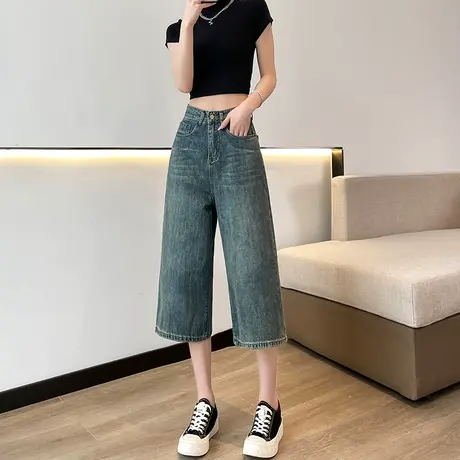 复古阔腿牛仔裤女夏季薄高腰遮胯显瘦宽松梨型身材七八分直筒中裤图片